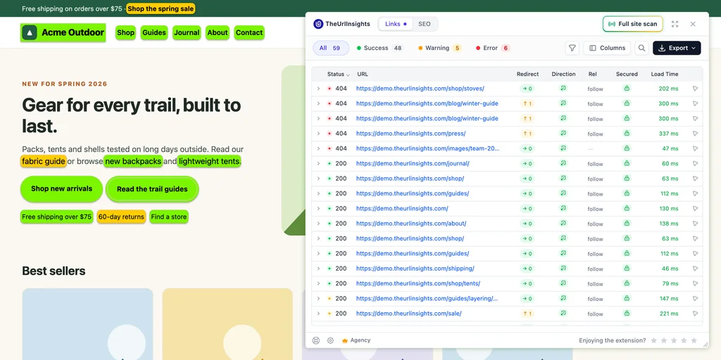 The TheUrlInsights panel open on a demo shop's home page. It lists 59 checked links with the 404 errors at the top, while the links on the page are highlighted green, amber and red.